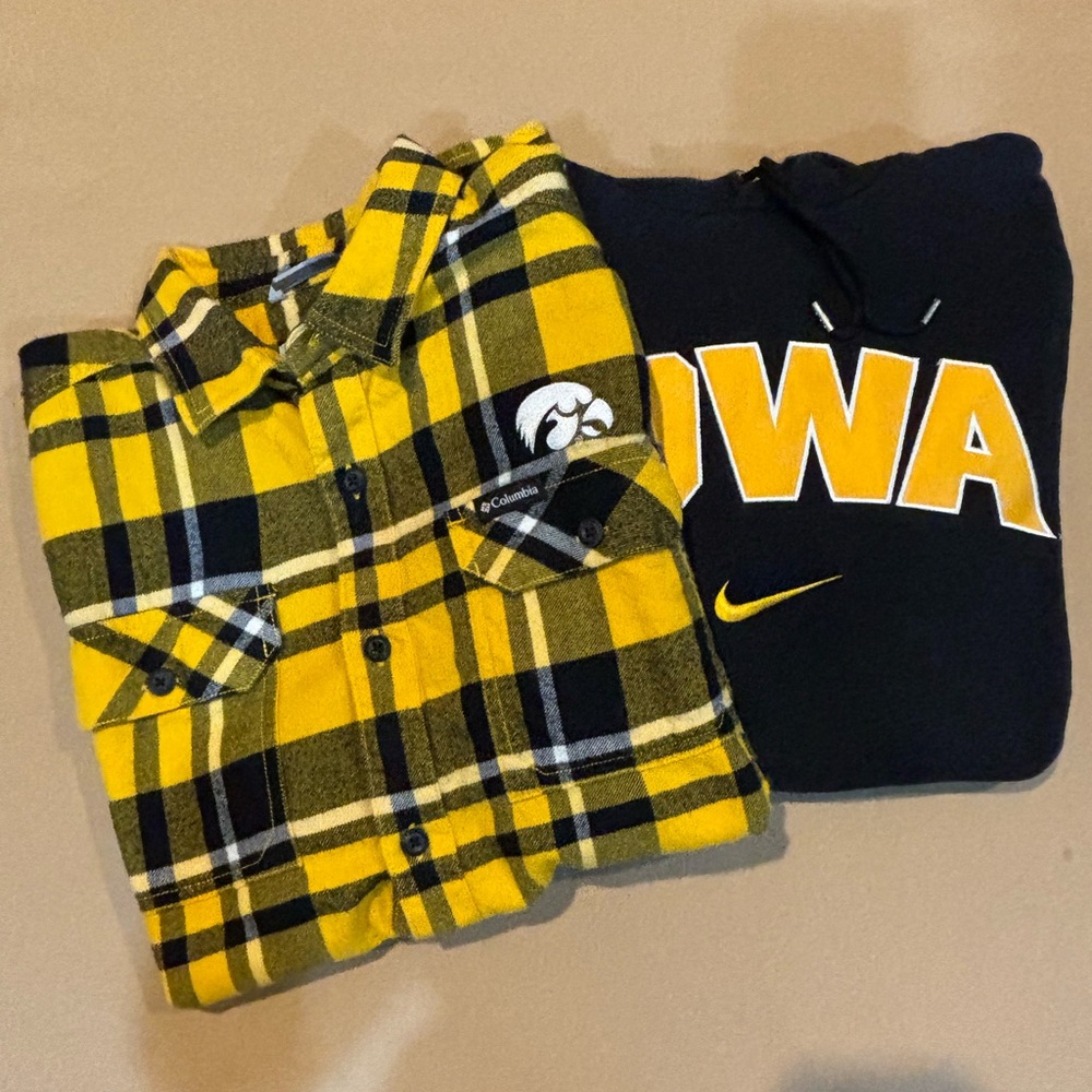 Columbia and Nike Iowa Hawkeye Black and Yellow Checkered Shirt and Nike Hoodie